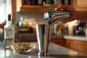 A person shaking a cocktail shaker in a cozy home kitchen with pistachio martini ingredients on the countertop.