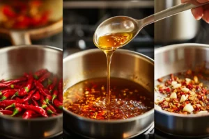 Step-by-step process of making honey hot sauce: sautéing, adding honey, and simmering.