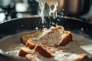 Bread being dipped in a milk-free batter for French toast preparation." Placement: Below