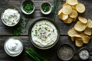 Ingredients for a bagel dip recipe, including cream cheese, sour cream, bagel seasoning, garlic powder, and chives on a rustic table