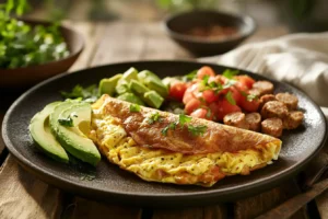 Chicken omelette and scrambled eggs with chicken sausage on a breakfast table.