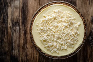 Creamy cheesecake made with cream cheese and white chocolate instant pudding mix topped with white chocolate shavings.