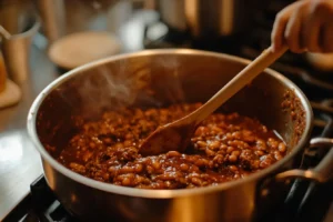 Ingredients for baked beans with hamburger being mixed in a large bowl.