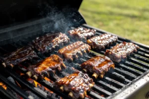 Country style beef ribs cooking on a grill with BBQ sauce and grill marks.