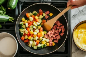 Cooking techniques for potato-free corned beef recipes, featuring sautéed zucchini, bell peppers, canned corned beef, and whisked eggs in a skillet.