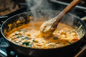 Close-up of a creamy cheese sauce bubbling in a saucepan with a wooden spoon stirring.