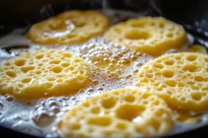 Golden crumpets cooking in a skillet with bubbles forming on the surface