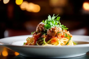 A lean and green dish of zucchini noodles with turkey meatballs and marinara sauce, garnished with parsley.