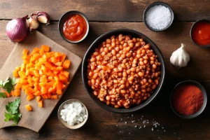 Top-down view of ingredients for baked beans with ground beef, including ground beef, baked beans, onions, garlic, ketchup, and seasonings on a wooden counter.