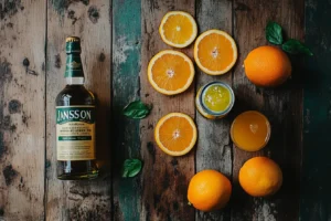 Key ingredients for an orange tea shot recipe: orange slices, Jameson Orange Whiskey, peach schnapps