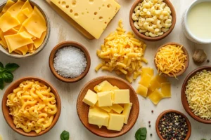 Flat-lay of mac and cheese ingredients including shredded cheeses, pasta, milk, butter, and seasonings on a wooden countertop.