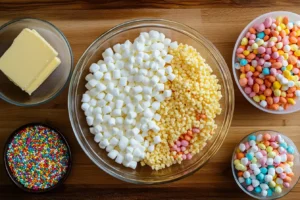 Ingredients for Rice Krispie with Fruity Pebbles Treat Recipe, including Rice Krispies, Fruity Pebbles, marshmallows, butter, and sprinkles on a counter.