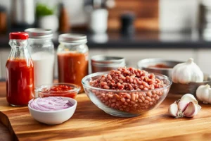 Essential ingredients for baked beans with hamburger, including ground beef, baked beans, barbecue sauce, ketchup, mustard, onions, garlic, and seasonings.