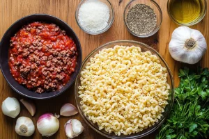 Ingredients for beefaroni, including macaroni, ground beef, tomato sauce, cheese, and spices, laid out on a wooden surface.