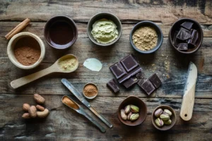 Ingredients for Dubai chocolate recipe including dark chocolate, pistachio paste, and kataifi pastry arranged on a wooden table.