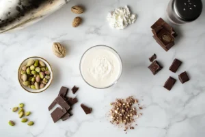 Ingredients for a pistachio martini, including vodka, pistachio syrup, and crème de cacao, arranged on a marble surface.