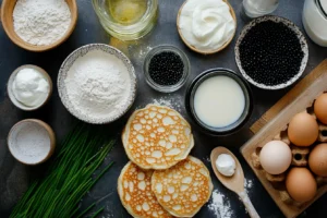 Ingredients for crumpets with caviar including flour, milk, eggs, caviar, crème fraîche, and chives arranged on a countertop