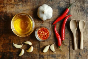 Ingredients for honey hot sauce: honey, chili peppers, garlic, and apple cider vinegar on a wooden table.