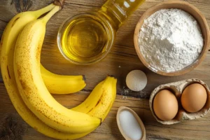 Ingredients for banana bread recipe made with oil, including bananas, oil, flour, sugar, and eggs, displayed on a wooden kitchen counter