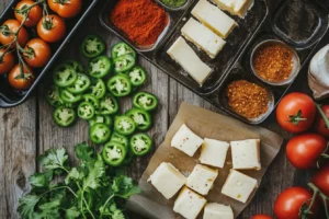 Flat lay of smoked queso ingredients, including cheese, jalapeños, tomatoes, and spices.