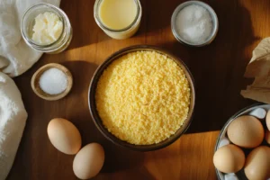 Ingredients for Southern cornbread recipe, including cornmeal, beef tallow, buttermilk, eggs, baking powder, and salt, displayed with a cast iron skillet.