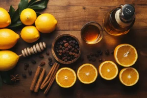 Ingredients for traditional Boilo recipe on a wooden kitchen counter.