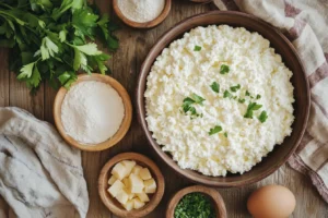 Ingredients for cottage cheese flatbread including cottage cheese, eggs, almond flour, and baking powder arranged on a wooden countertop.