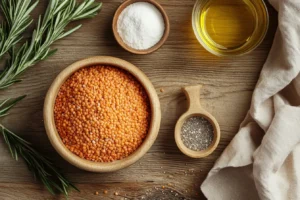 Ingredients for lentil bread including red lentils, olive oil, baking powder, salt, rosemary, and chia seeds on a wooden countertop.