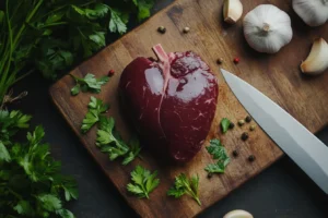 Fresh beef heart on a cutting board with herbs and garlic.