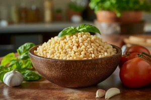  Uncooked ditalini pasta in a wooden bowl surrounded by fresh ingredients.