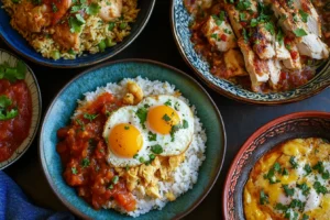 Japanese Oyakodon, Mexican chicken chilaquiles, and Middle Eastern chicken shakshuka on a plate.