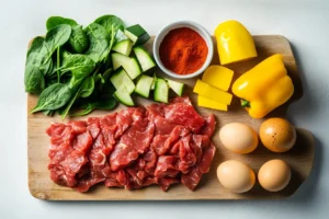 Key ingredients for potato-free corned beef breakfasts, including canned corned beef, zucchini, bell peppers, spinach, eggs, garlic, and paprika.