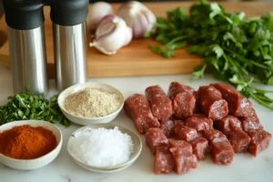  Ingredients for venison snack stick recipe, including venison, spices, and pork fat, arranged on a wooden kitchen table.