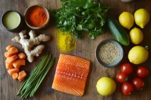 Flat lay of PCOS-friendly ingredients like vegetables, salmon, quinoa, turmeric, and ginger on a wooden surface.