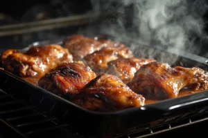 Turkey wings baking in a rich gravy on a tray in the oven.