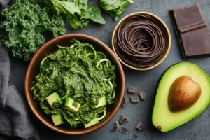 PCOS-friendly meals including kale salad with avocado, zucchini noodles with pesto, and dark chocolate mousse.