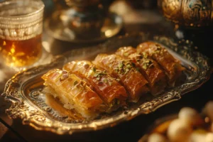 Persian-style baklava with golden layers, rosewater syrup, pistachio garnish, and cardamom, served on a silver tray with Persian tea in the background.