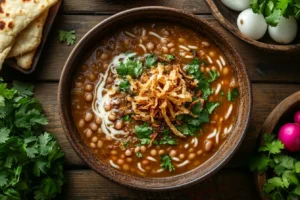 A traditional bowl of Ash Reshteh, a Persian noodle and bean soup garnished with kashk, fried onions, and mint, served with herbs and bread.