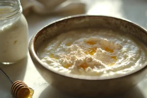 Preparation process for protein pudding, with almond milk, protein powder, and cocoa powder being whisked in a bowl, surrounded by other ingredients.