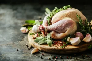 Raw wild turkey surrounded by fresh herbs and spices on a wooden cutting board.