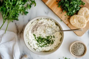 Step-by-step preparation of bagel dip, showing mixing cream cheese and herbs with everything bagel seasoning