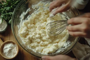 Hands mixing batter for cottage cheese flatbread in a glass bowl with ingredients and tools on a kitchen countertop.