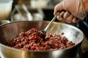  Ground venison mixed with seasonings in a bowl during preparation.