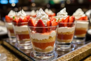 Layered pudding parfaits with cream cheese, white chocolate instant pudding, fresh strawberries, and whipped cream.