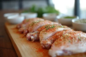 Raw turkey wings seasoned with spices and herbs on a wooden cutting board.