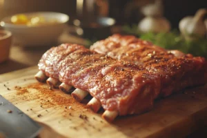 Seasoned country style beef ribs on a wooden cutting board with spices and a knife in the background.