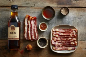 Ingredients for maple bacon recipe: thick-cut bacon, pure maple syrup, black pepper, and chili flakes on a wooden table.