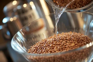 Lentils soaking in a glass bowl with water, ready for bread preparation.