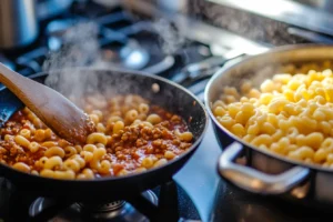 A rich tomato meat sauce being cooked in a pan next to boiling pasta on a stovetop.