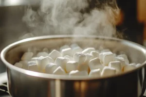 Melting marshmallows and butter in a saucepan for rice krispie treats.